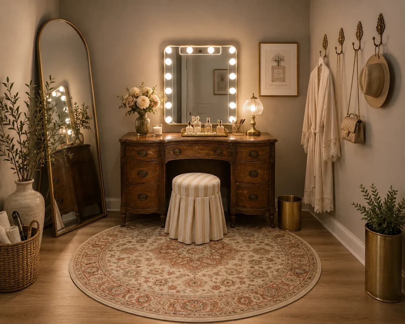 The Gilded Nest's glam room: an antique wooden vanity beneath a Hollywood-lit mirror, a full-length gold arch mirror, a robe and sun hat on brass wall hooks, fresh flowers and perfume on a tray, warm lamplight and a round patterned rug.