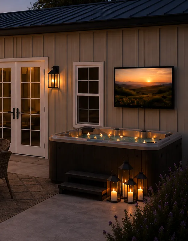 The Gilded Nest's private hot tub glowing at dusk beside the cabin, floating candles on the water, an outdoor TV mounted on the wall showing a golden sunset, candle lanterns on the steps and lavender in bloom nearby.