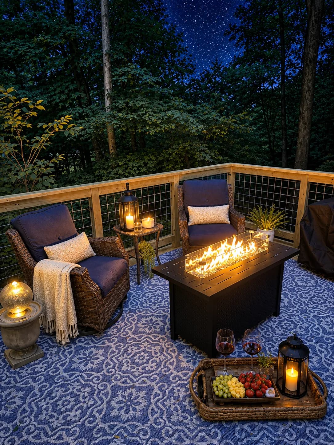 The Velvet Buck's private deck at night: two cushioned wicker chairs beside a lit gas fire table, with wine glasses, a fruit tray, candles and a lantern on the outdoor rug.