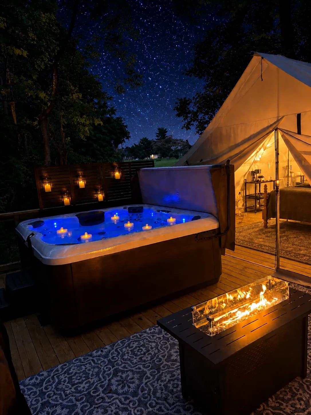 The Velvet Buck's private hot tub glowing blue at night, floating candles on the water, candle lanterns along the privacy screen, and the lit canvas tent behind it under a star-filled sky.