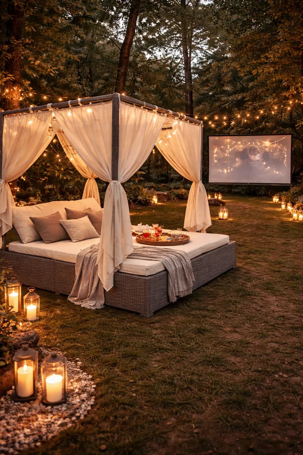 150-inch outdoor cinema screen with fairy light movie beds