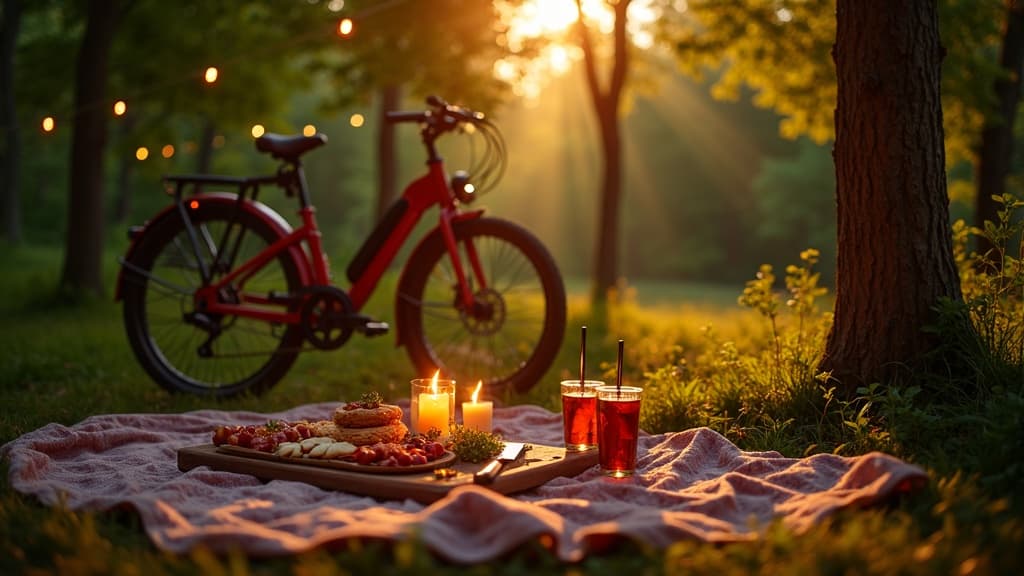 Romantic picnic blanket and electric bikes on Indiana trail