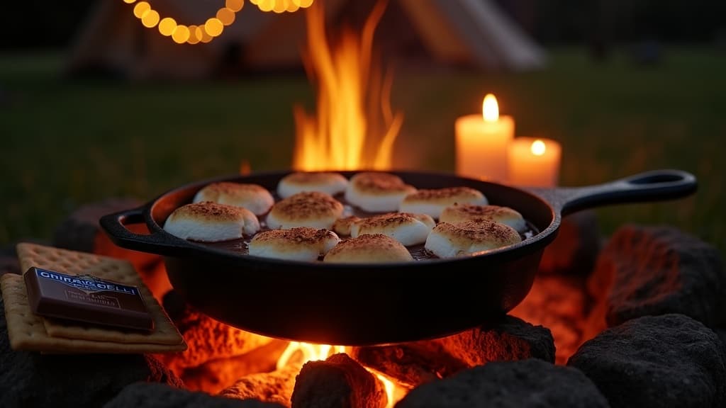 Cast iron s'mores skillet glowing over campfire