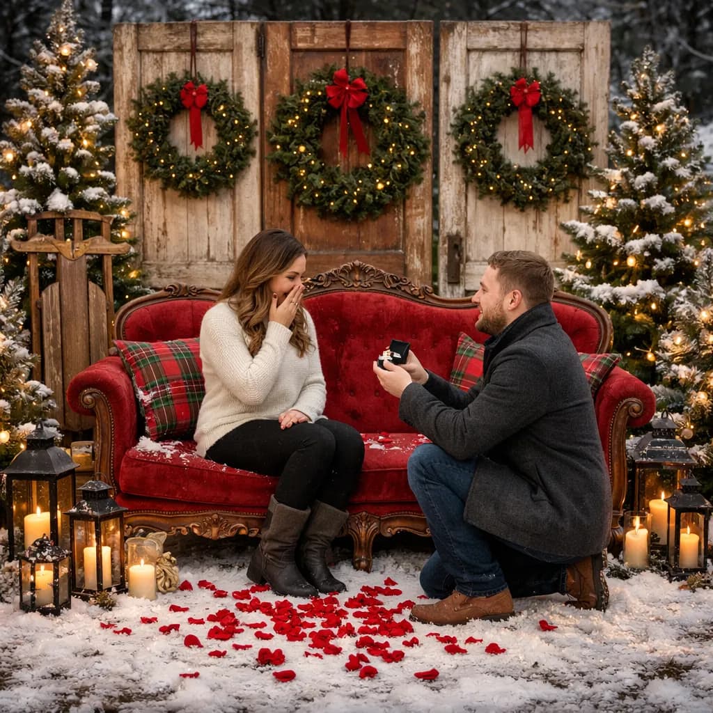 Enchanted proposal setup with rose petals, champagne, and string lights